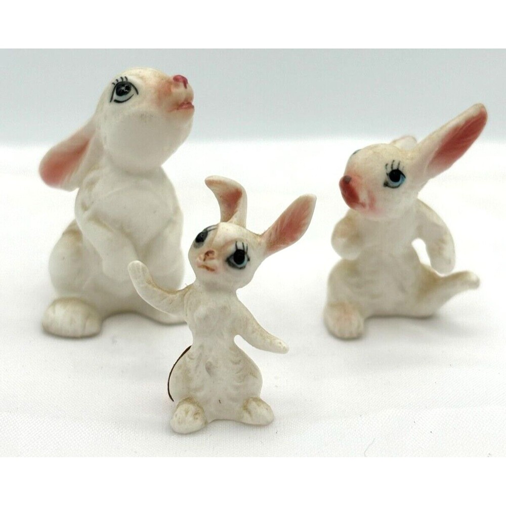 Vintage Bone China Anthromorphic Bunny Rabbit Mini Family‎ Blue Eyes Japan 1960s